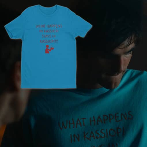 What Happens In Kassiopi Stays In Kassiopi T-Shirt | Felix Catton | Saltburn